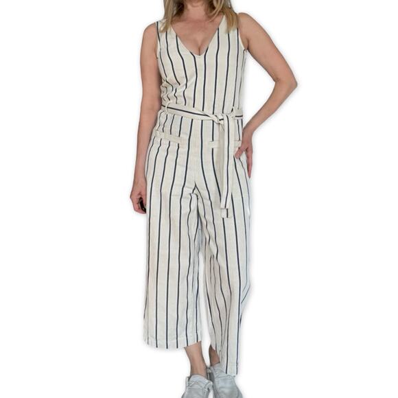 Madewell Y2K Wide Leg Jumpsuit S Vintage Pinstripe Linen Blend Belted - Picture 2 of 12